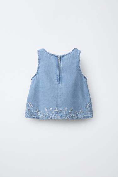 EMBROIDERED DENIM TOP - Light blue by Zara - Image 1