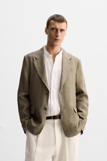 Zara 100% LINEN SUIT BLAZER - taupe brown