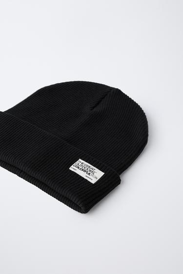 RIBBED KNIT BEANIE WITH LABEL - Black by Zara - Image 1