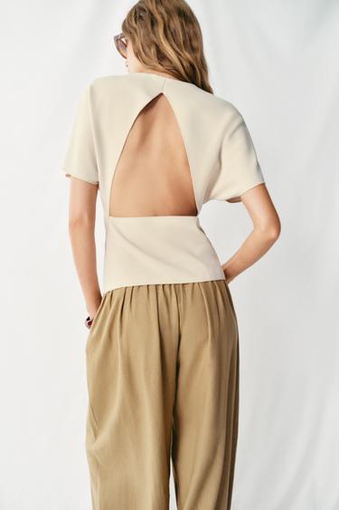 Zara SHORT SLEEVE CUT OUT TOP - Ecru