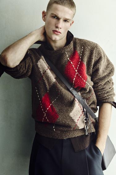 ARGYLE JACQUARD JUMPER - Brown by Zara