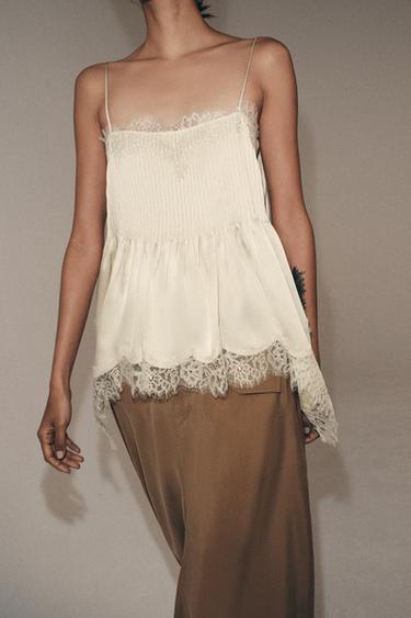 Zara ZW COLLECTION LACE CAMISOLE TOP - Mid-ecru
