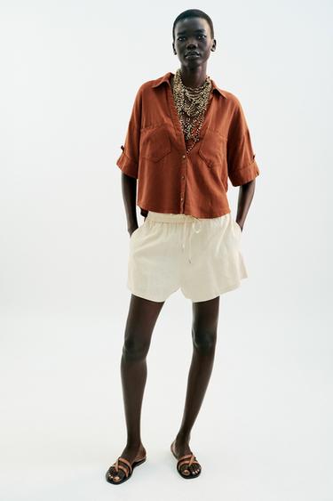Zara SHORT SLEEVE LINEN BLEND SHIRT - Terracotta