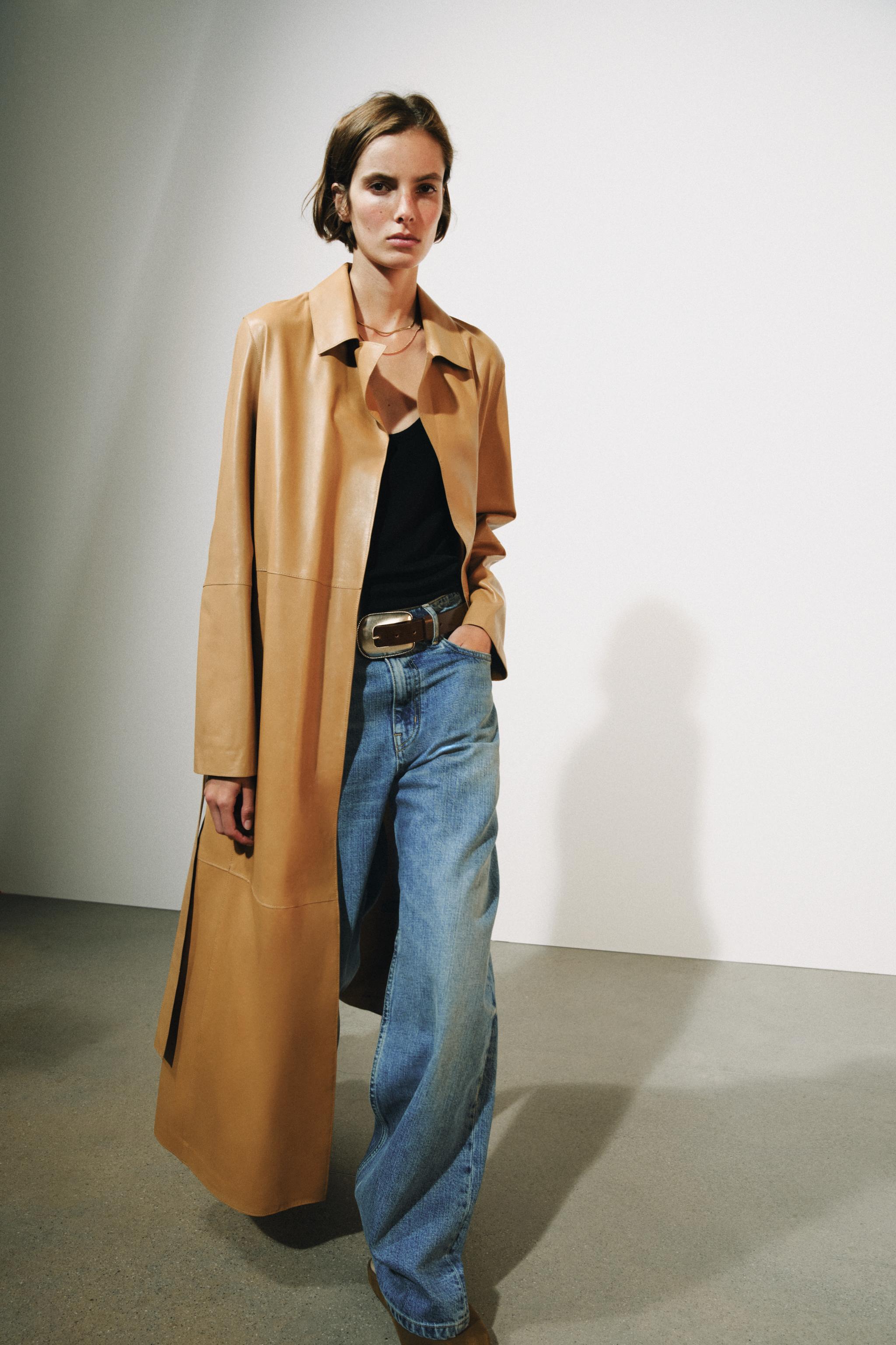 ZW COLLECTION 100% LEATHER BELTED COAT — Light camel