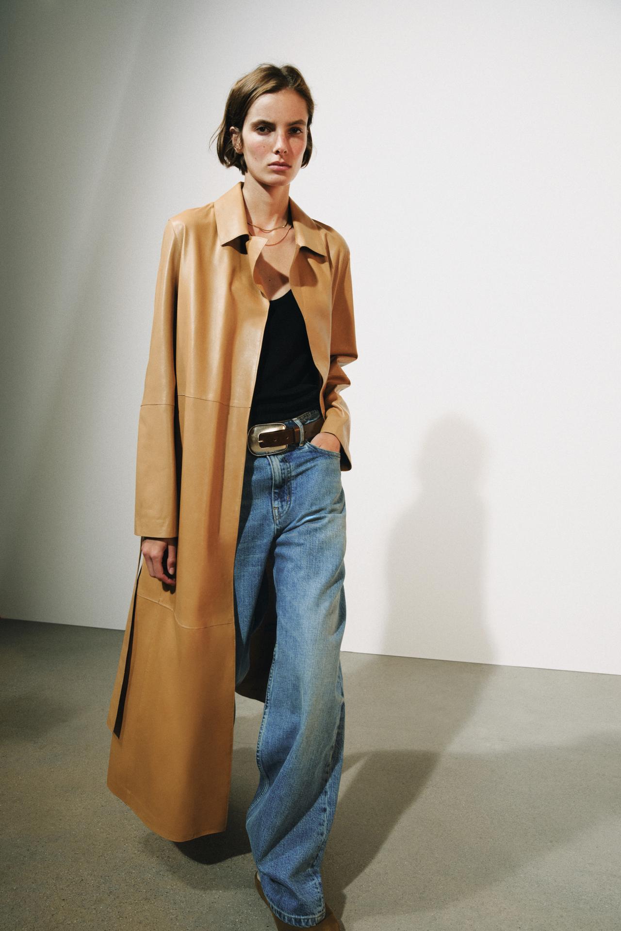 ZW COLLECTION 100% LEATHER BELTED COAT — Light camel