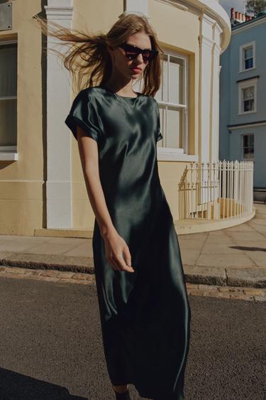 Zara SATIN MIDI DRESS - Emerald