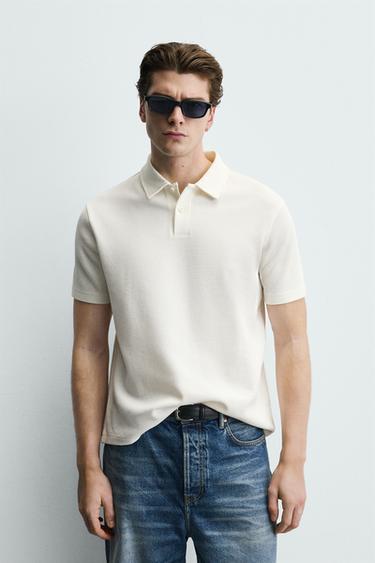 WAFFLE-KNIT TEXTURED POLO SHIRT - Ecru by Zara