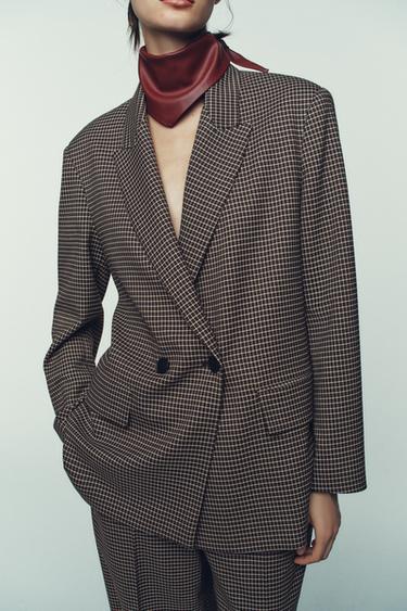 OVERSIZE DOUBLE-BREASTED CHECK BLAZER - Brown / Ecru by Zara - Image 3