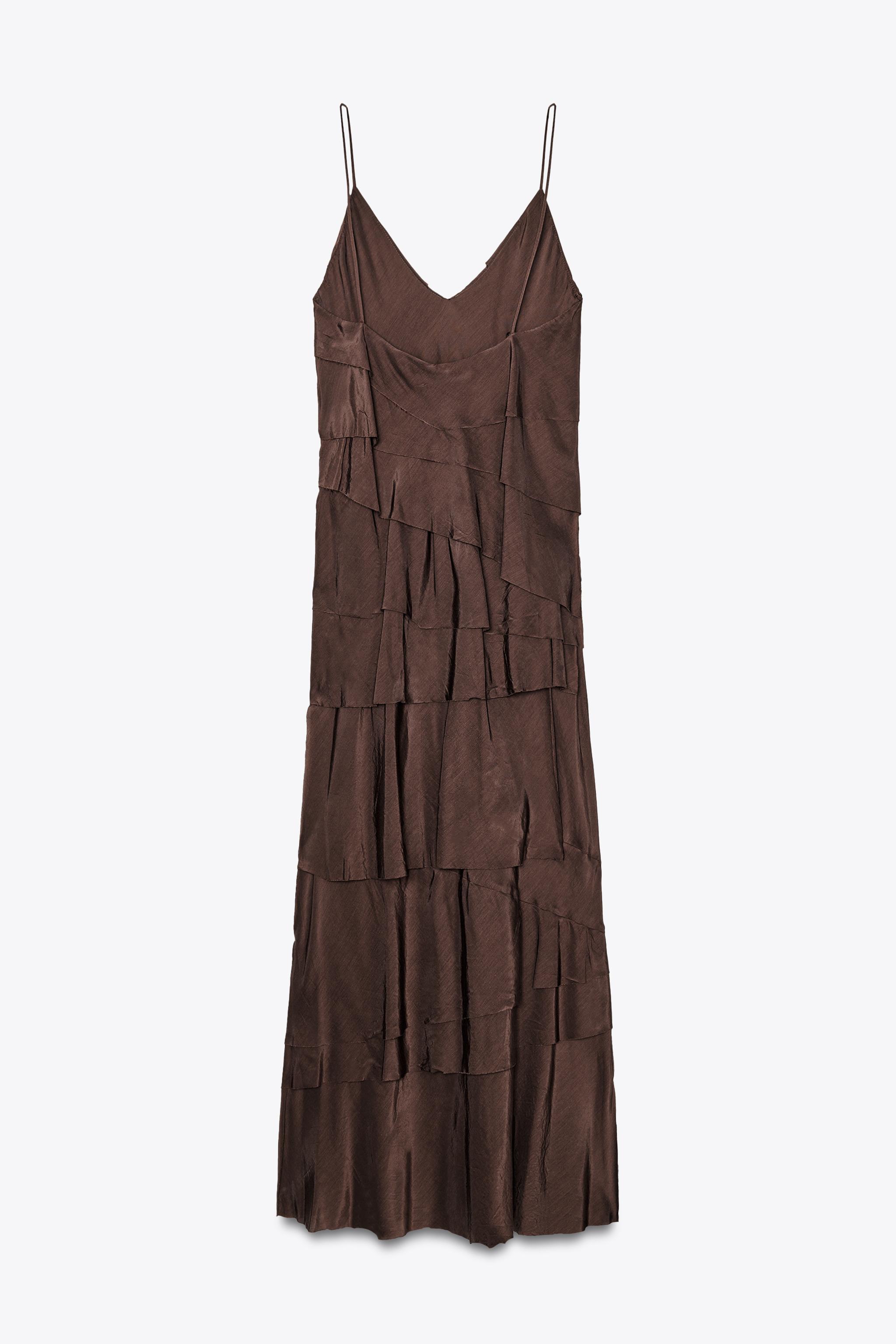 【ZARA】フリルワンピース ZW COLLECTION ブラウン 3214/209/700 ZWコレクション フリルロングワンピース - ブラック | ZARA