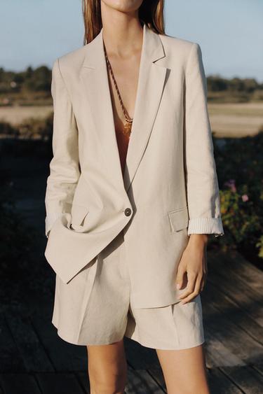 LINEN BLEND BLAZER WITH PRINTED CUFFS - Light beige by Zara