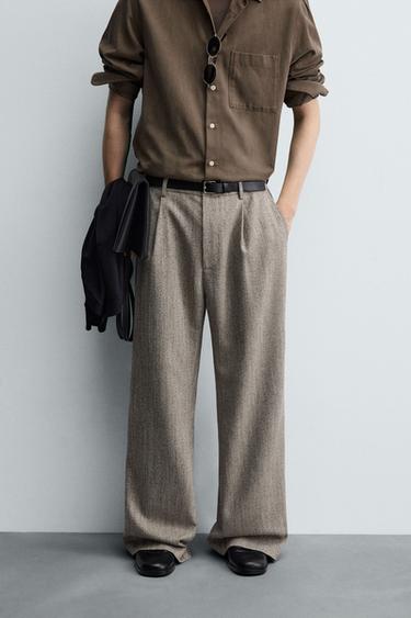 HERRINGBONE TEXTURED TROUSERS - Beige by Zara