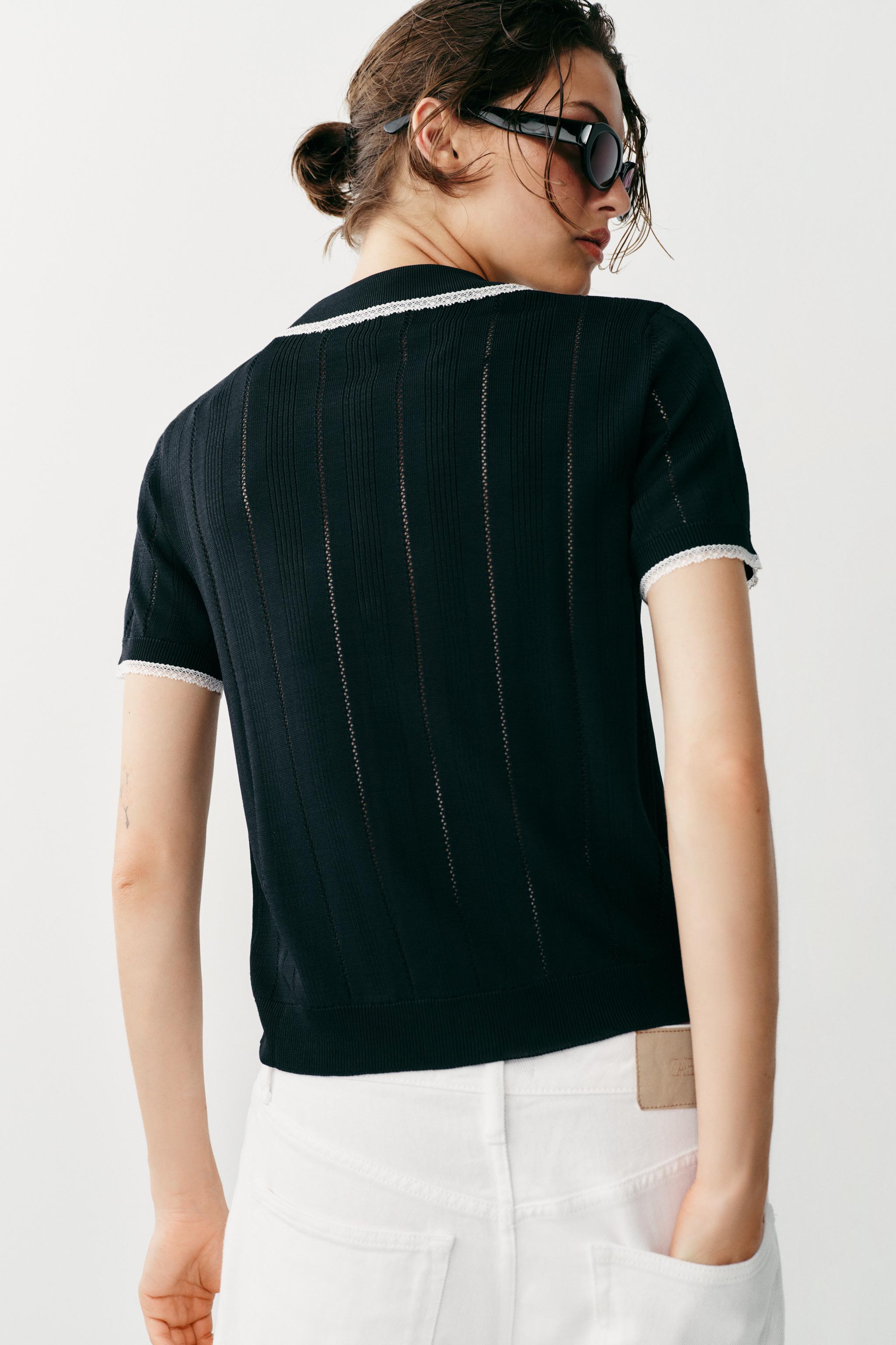 Женские кардиганы Zara LACE TRIM SHORT-SLEEVE CARDIGAN — фото 6