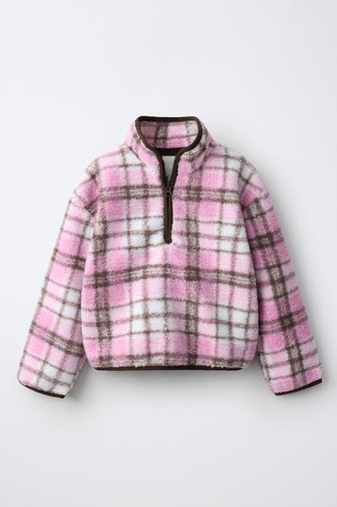 SWEATSHIRT DE EFEITO DE PELO ENCARACOLADO E XADREZ - Rosa-flúor da Zara
