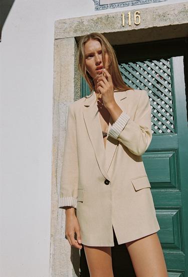 Zara LINEN BLAZER WITH ROLLED SLEEVES - Light beige