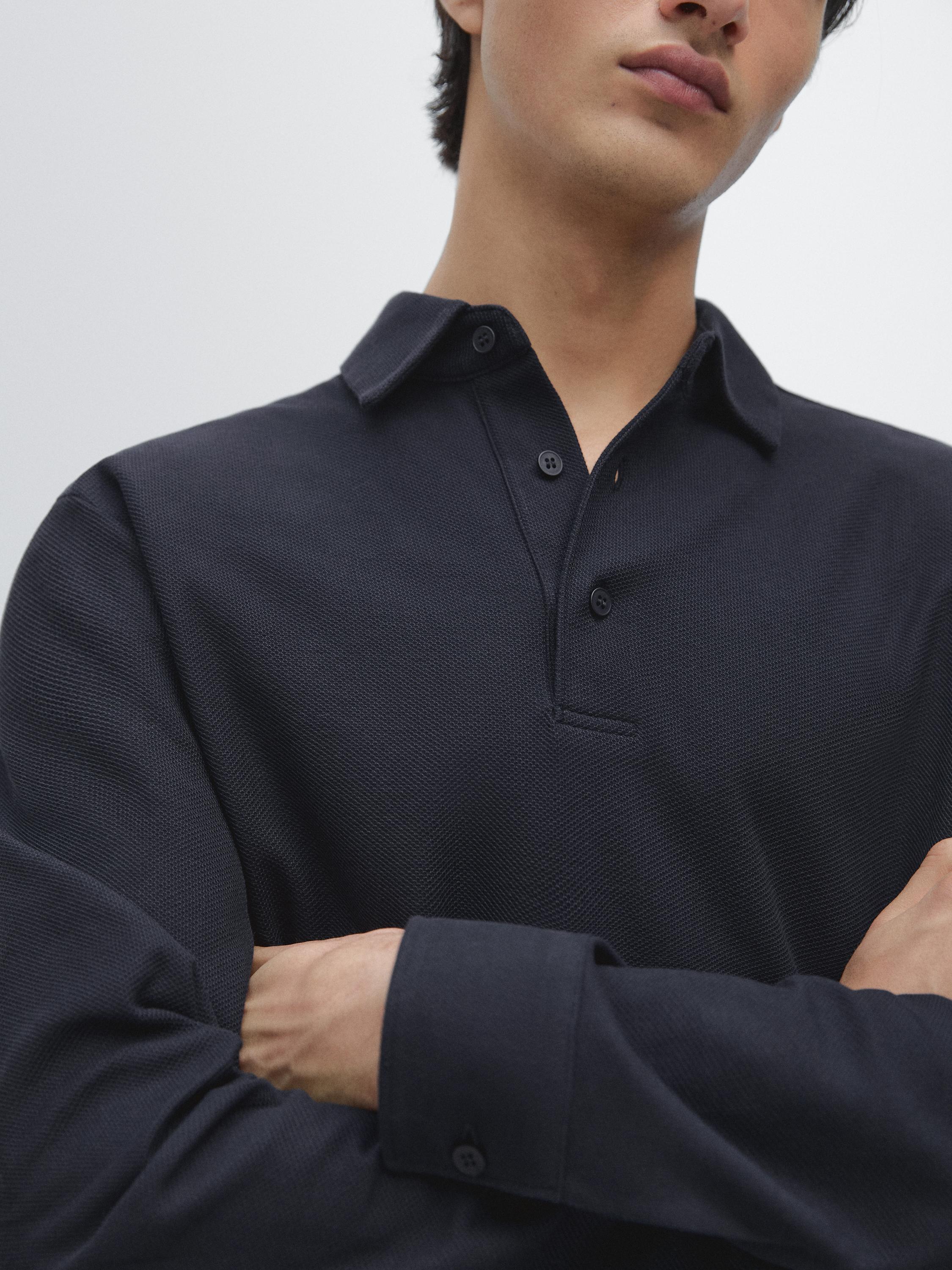 Polo texturé en piqué à manches longues