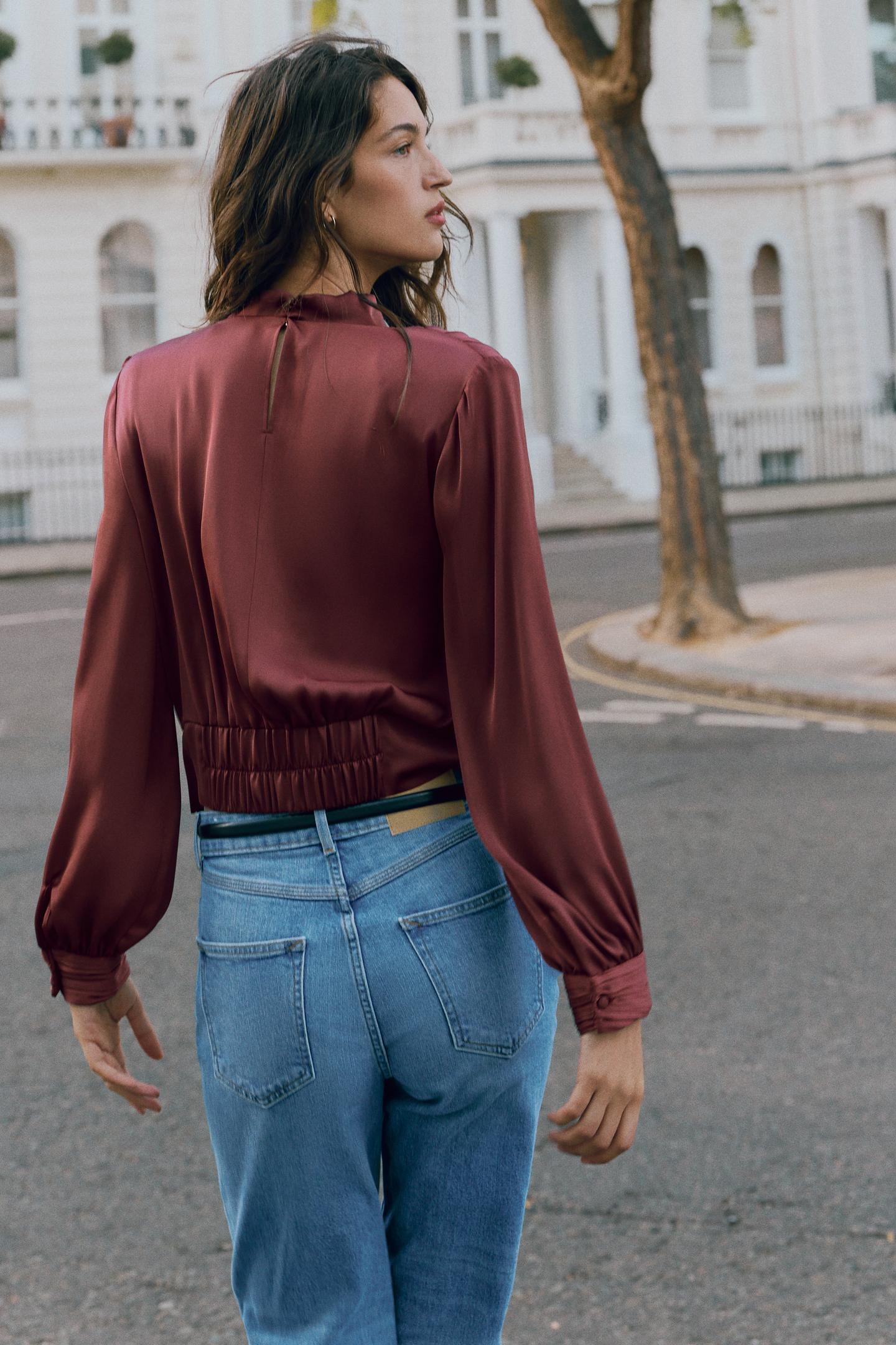 Женская блузка Zara Satin with Shoulder Pads, цвет: Бордовый — фото 5