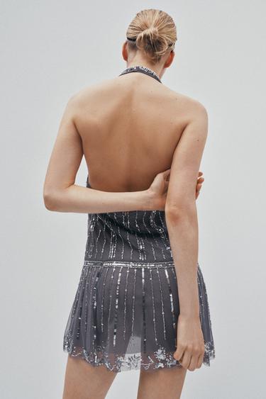 ROBE COURTE HALTER BRILLANTE - Gris foncé de Zara - Image 2