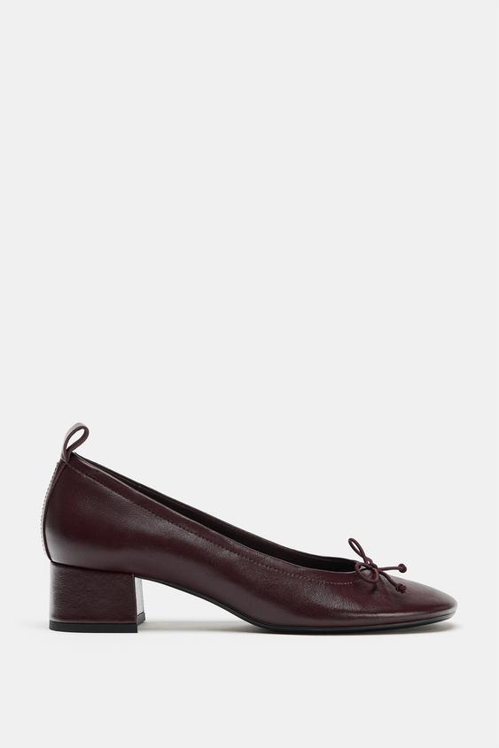 LEATHER HEELED BALLERINA SHOES WITH BOW - Burgundy Red by Zara - Image 0