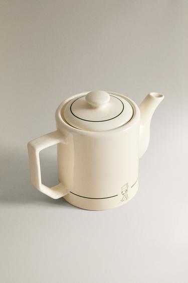 STONEWARE CAFÉ TEAPOT - White / Green by Zara - Image 1