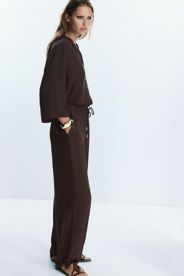 PANTALON LARGE GAZE DE COTON - Marron de Zara - Image 4