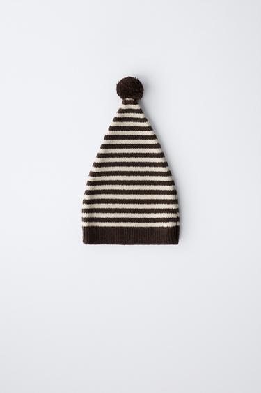 6-12 MONTHS/ STRIPED KNIT POMPOM HAT WITH WOOL - Ecru by Zara