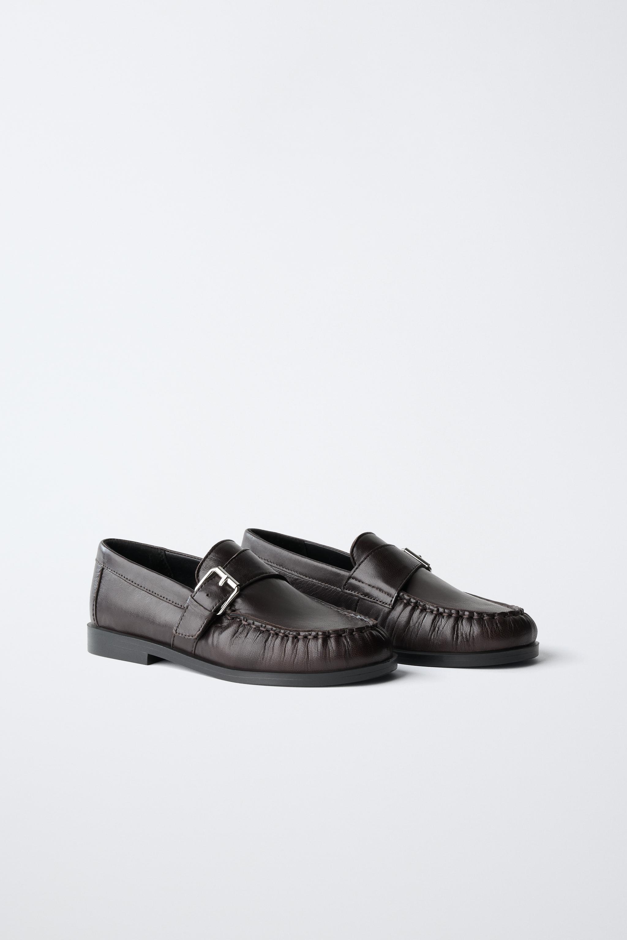 LEATHER BUCKLE LOAFERS — Brown