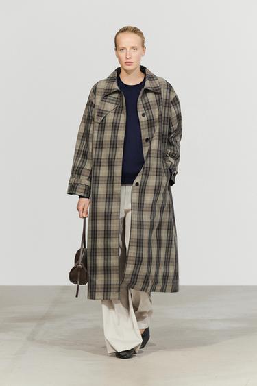 Zara Long cotton blend plaid trench coat - crocodile - Image 0