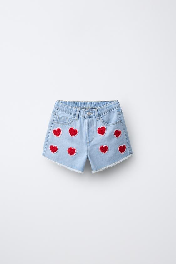 DENIM BERMUDA SHORTS WITH CROCHET HEARTS - Blue by Zara - Image 0