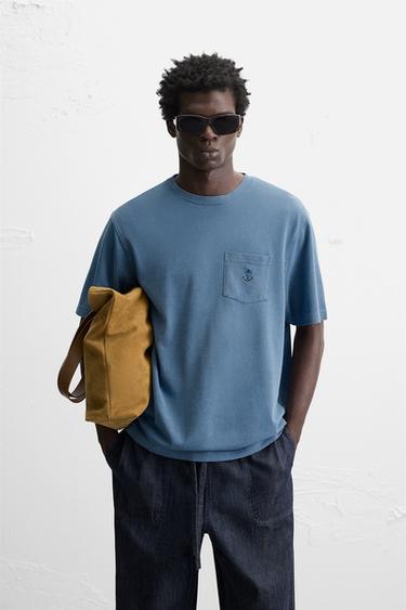 EMBROIDERED PIQUÉ T-SHIRT - Faded blue by Zara - Image 1