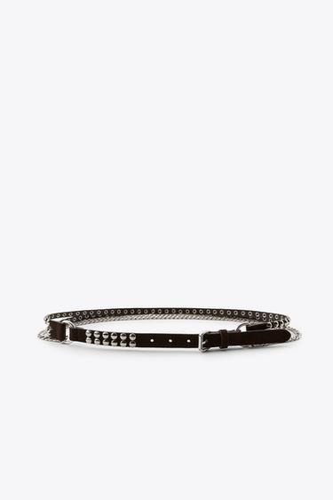 CEINTURE DOUBLE COMBINÉE EN CUIR ET MAILLONS - Marron de Zara