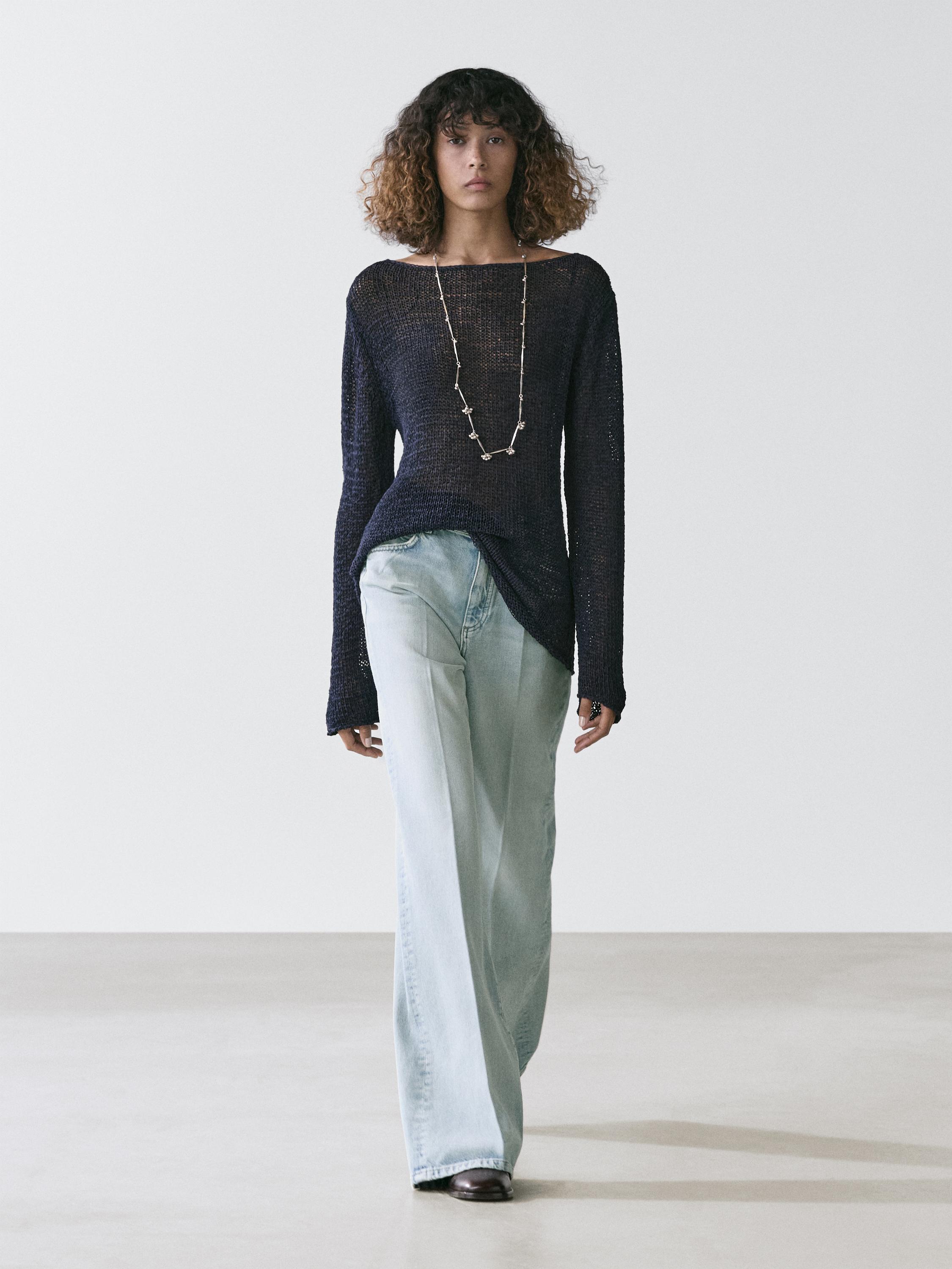 Cotton blend knit boat neck sweater