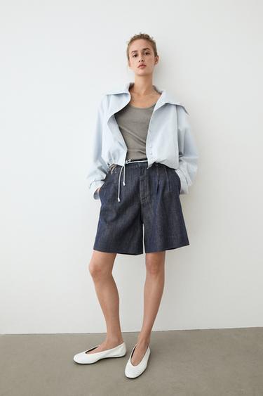 Zara Cotton denim Bermuda shorts with topstitching - Blue - Image 0