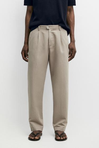 Zara Straight-leg linen and cotton trousers with darts - Beige