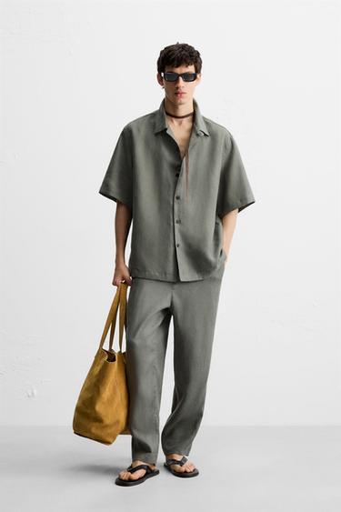 100% LINEN SHIRT - Green / Blue by Zara