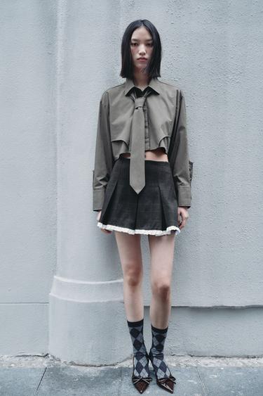 Zara 短版府綢領帶襯衫 - 灰色