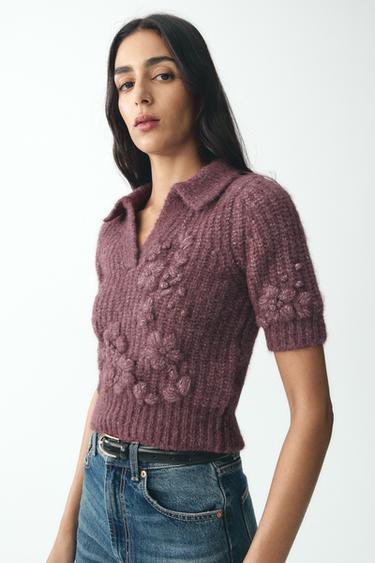 Zara EMBROIDERED KNIT SWEATER - Pink / Mauve