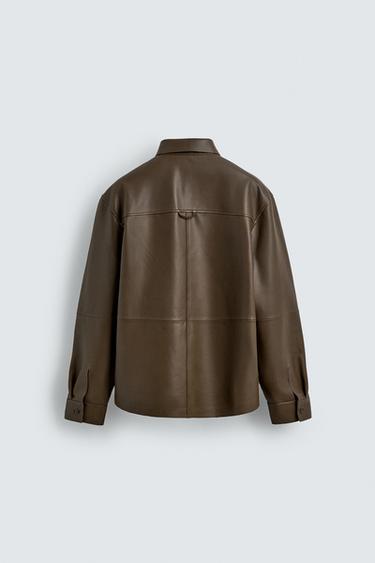 LEATHER SHIRT WITH POCKET - Khaki by Zara - Image 7