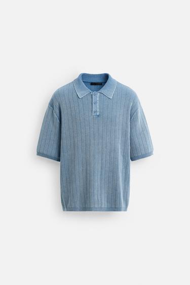 WASHED TEXTURED KNIT POLO SHIRT - Faded blue by Zara