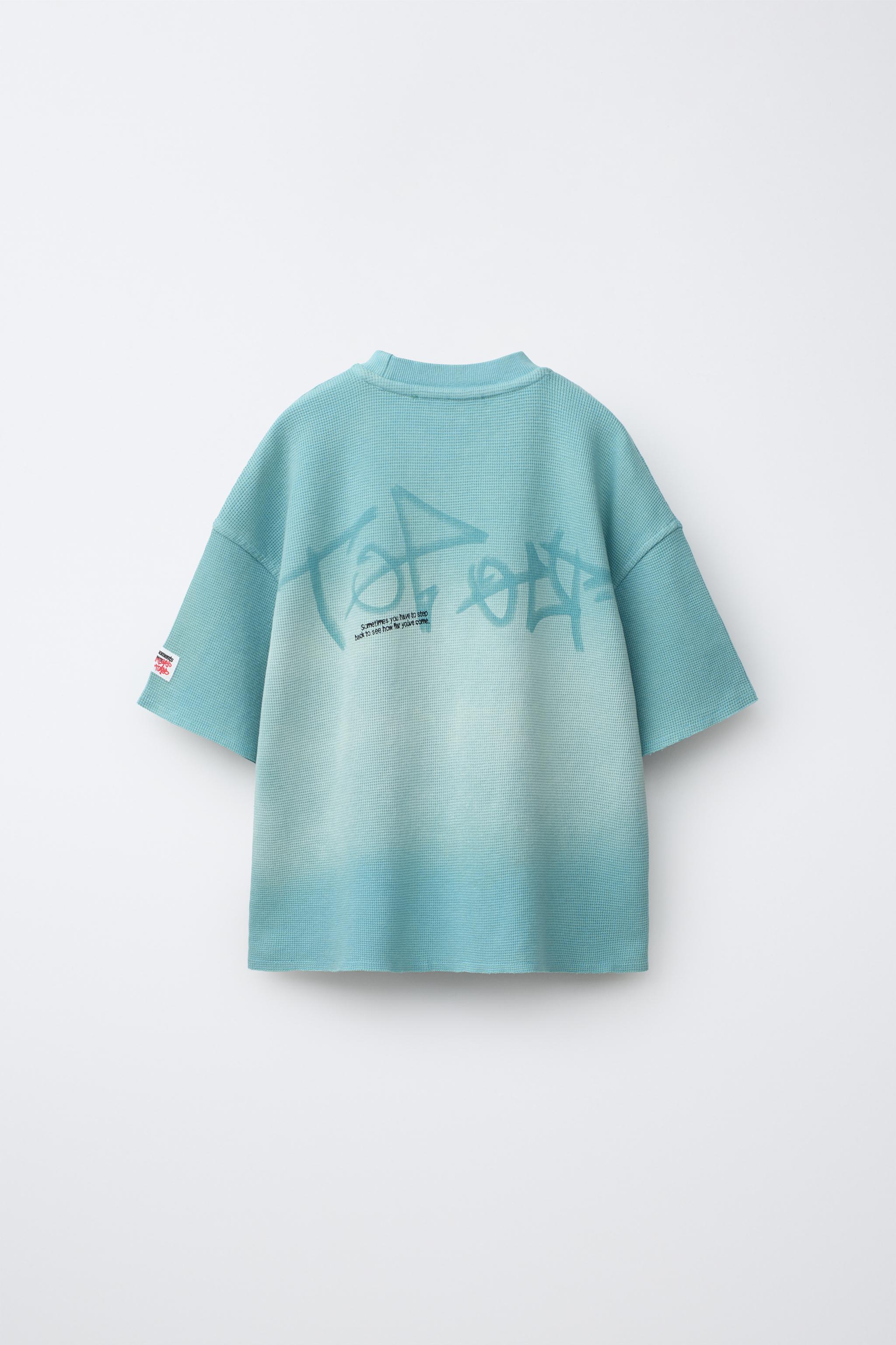 GRAFFITI PRINT WAFFLE-KNIT T-SHIRT — Sky blue