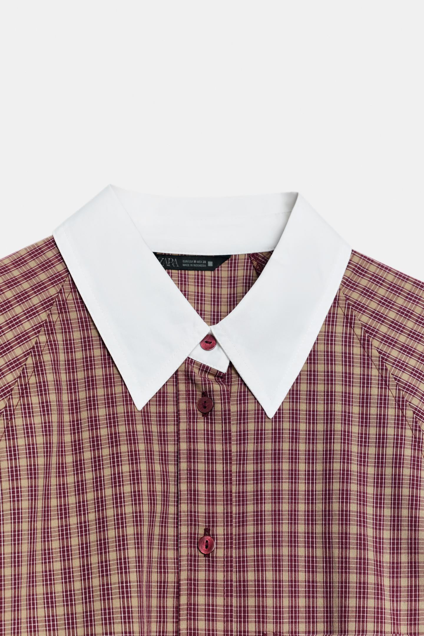 Женская рубашка Zara Combined Check, цвет: Тёмно-бордовый — фото 9