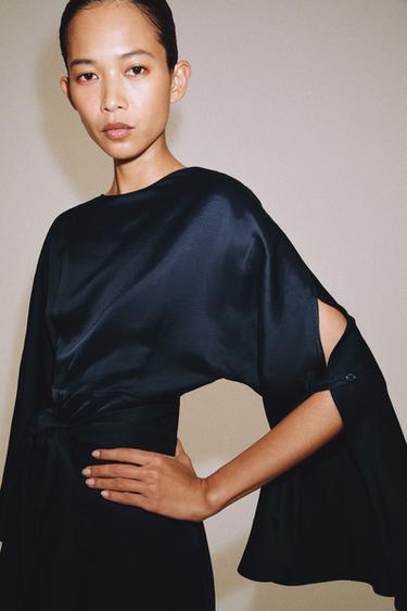 ROBE MIDI CEINTURE AVEC LIN ZW COLLECTION - Bleu de Zara