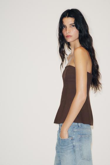 TOP EFFET LIN BUSTIER - Marron foncé de Zara - Image 2