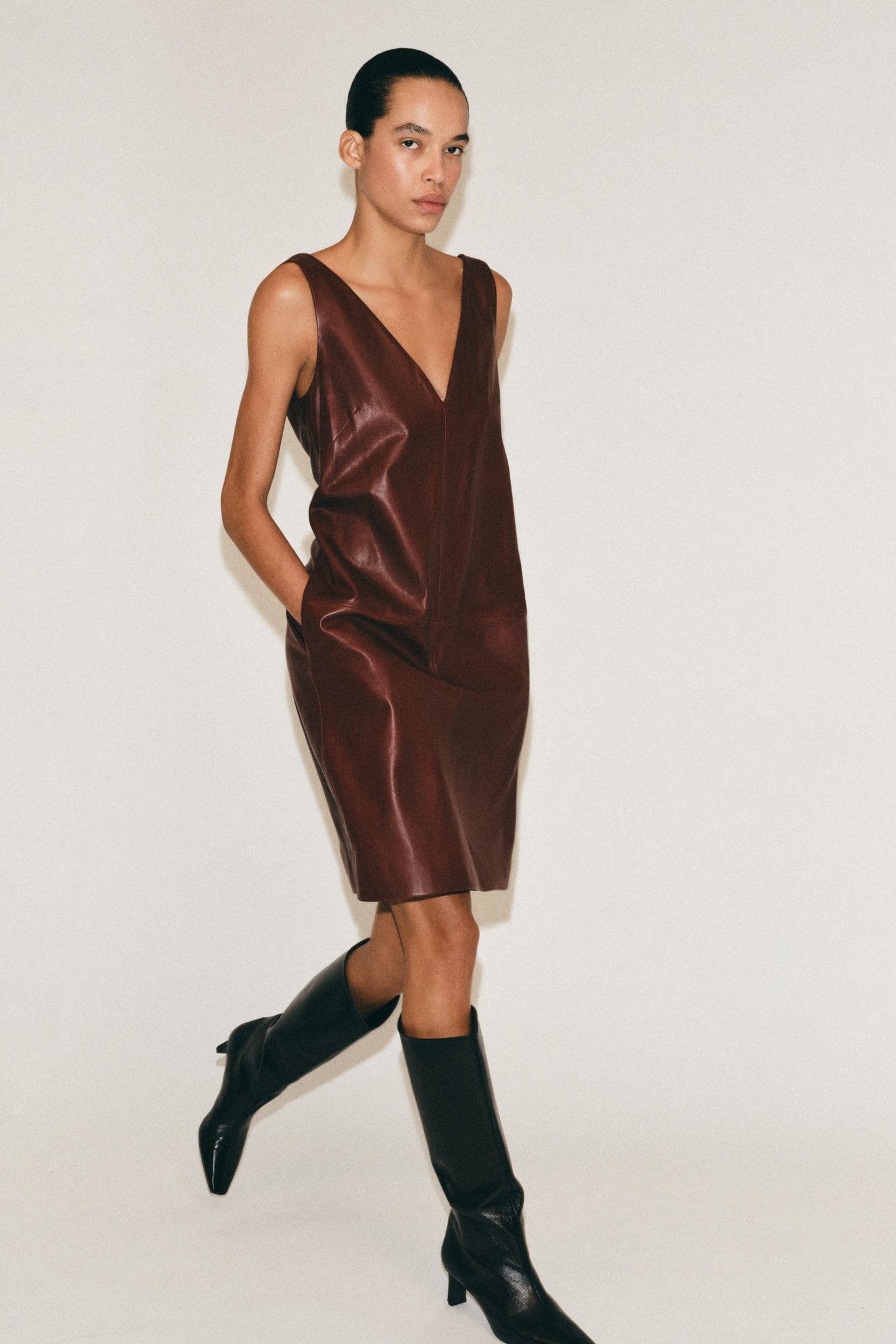Женское платье Zara 100% Leather MIDI Dress ZW Collection, цвет: Бордовый — фото 1