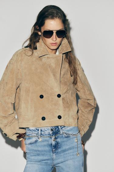 CAZADORA TRENCH CURTA 100 % PEL - tostada de Zara