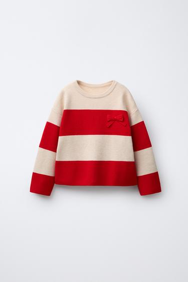 STRIPED KNIT SWEATER WITH BOWS - Ecru / Red by Zara - Image 0