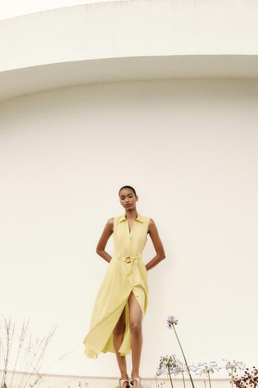 POPLIN MIDI DRESS WITH BELT - Yellow by Zara - Image 1