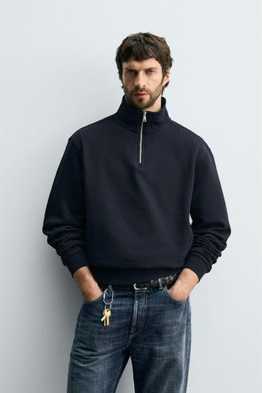 BASIC QUARTER-ZIP SWEATSHIRT - Navy blue by Zara
