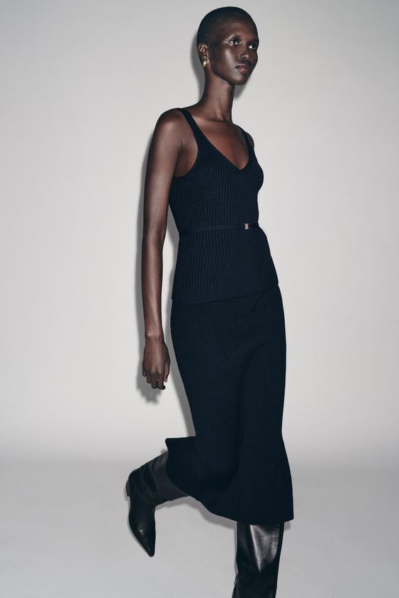 zara knit pencil dress Zara Black Knit Cut Out Straight Pencil Midi Dress Sz L 2142/103