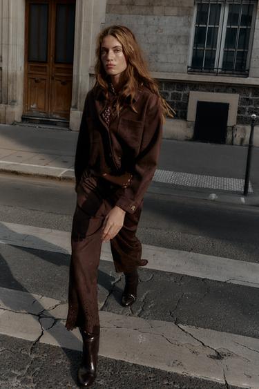 FAUX SUEDE DIE-CUT HEM JACKET - Brown by Zara - Image 0
