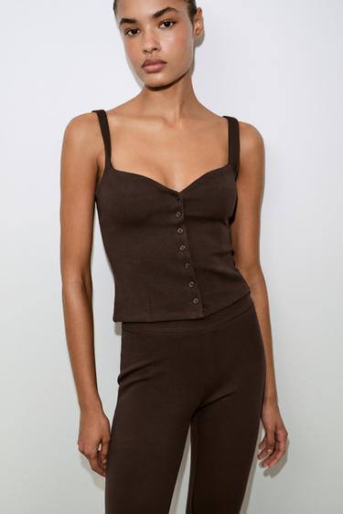 Zara BUTTONED SWEETHEART NECKLINE TOP - Brown